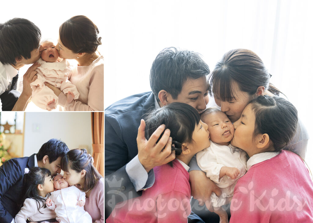 赤ちゃんに家族みんなでキスするお宮参り記念 千葉県鎌ケ谷市・道野辺八幡宮の出張撮影