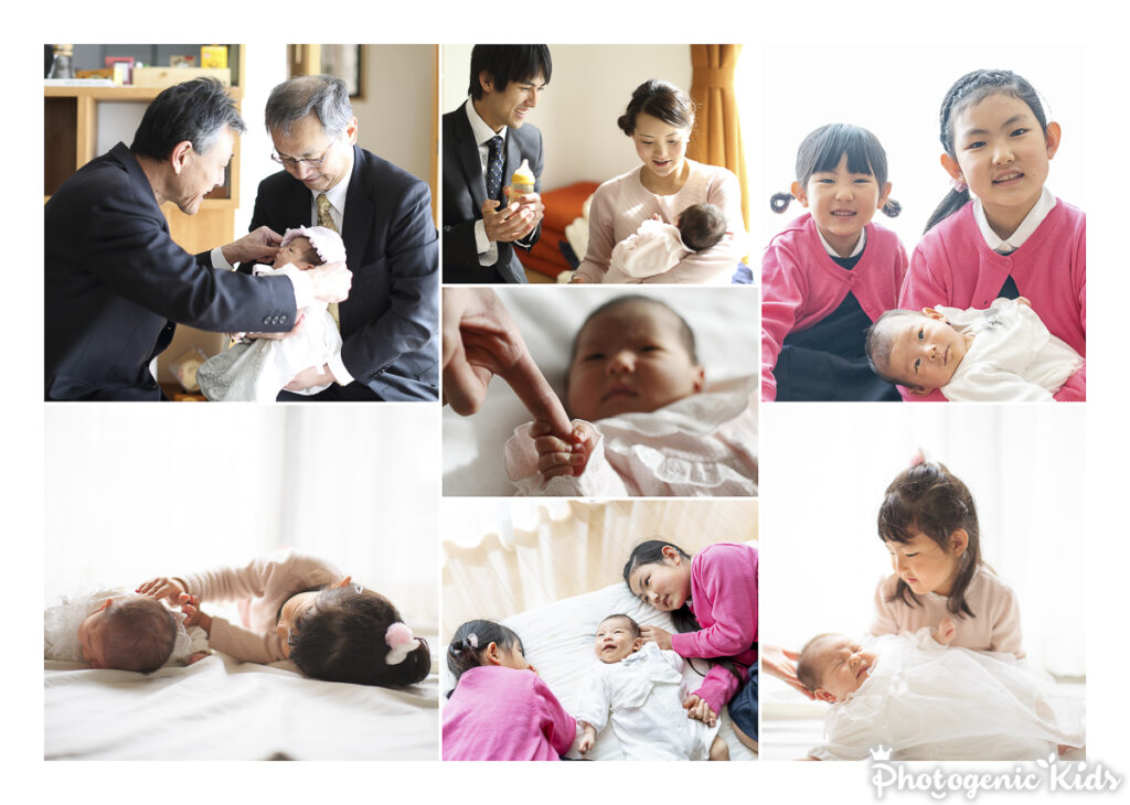 お宮参りの後ご自宅で撮影したリラックスした赤ちゃんとご家族の写真。