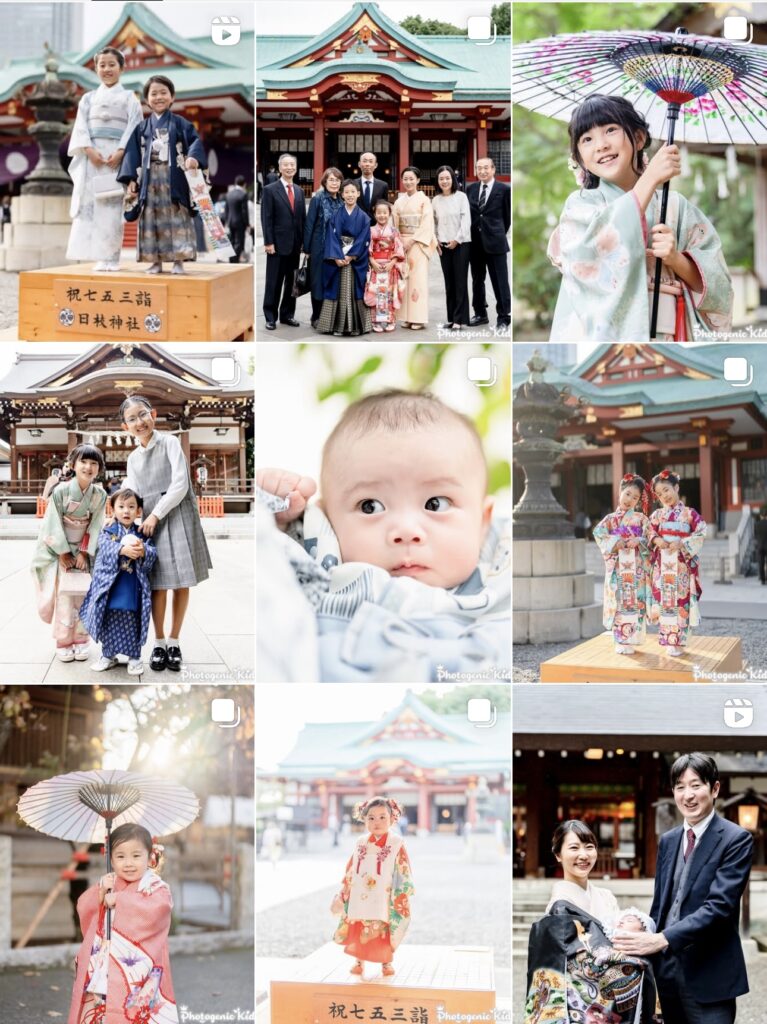 出張撮影で撮影した七五三やお宮参り、家族写真が日付順に並んだスクリーンショット