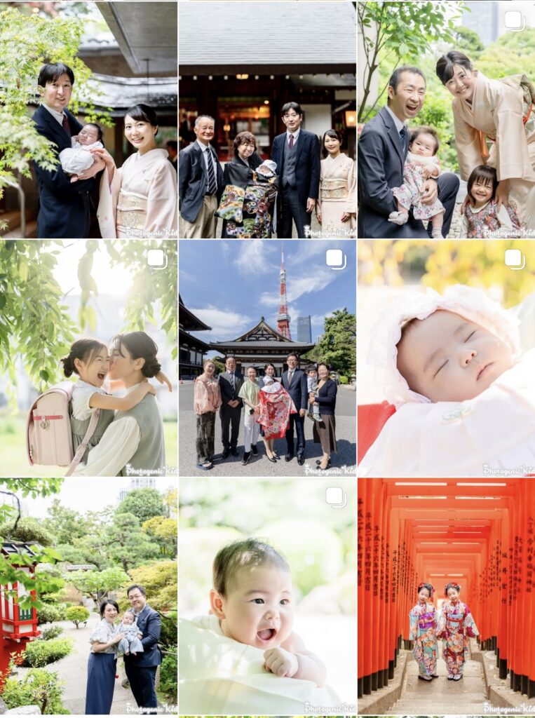神社での七五三撮影や家族写真が複数掲載されているインスタグラム投稿のスクリーンショット