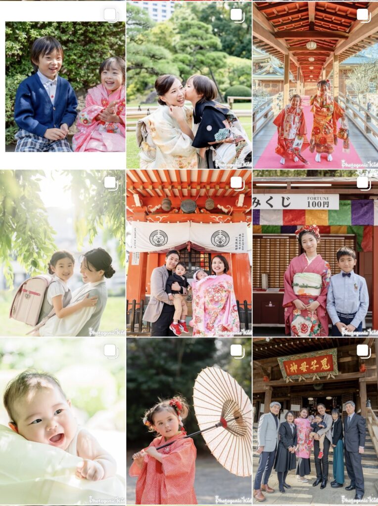 神社や屋外で撮影された七五三・家族写真が複数写っているスクリーンショット